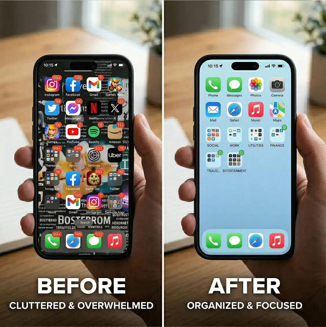 Before after Results Cluttered phone transformed to clean organized focused