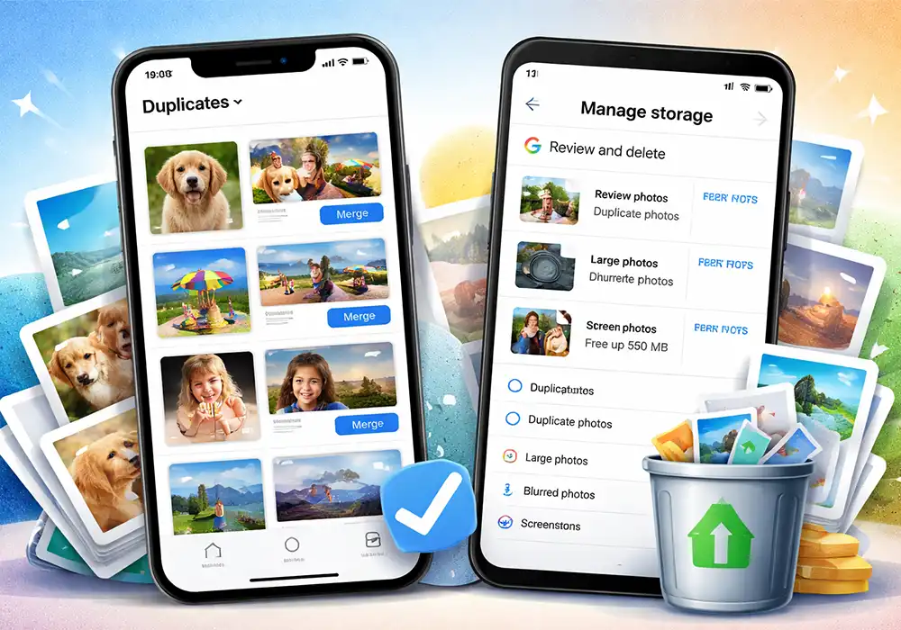 Phone photo cleanup showing duplicate photo removal on iPhone and Android