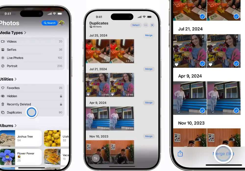 iPhone Photos app showing duplicate photos ready to merge