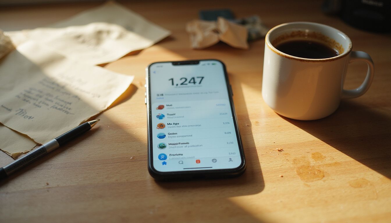 A cluttered desk features a smartphone displaying numerous unread emails.