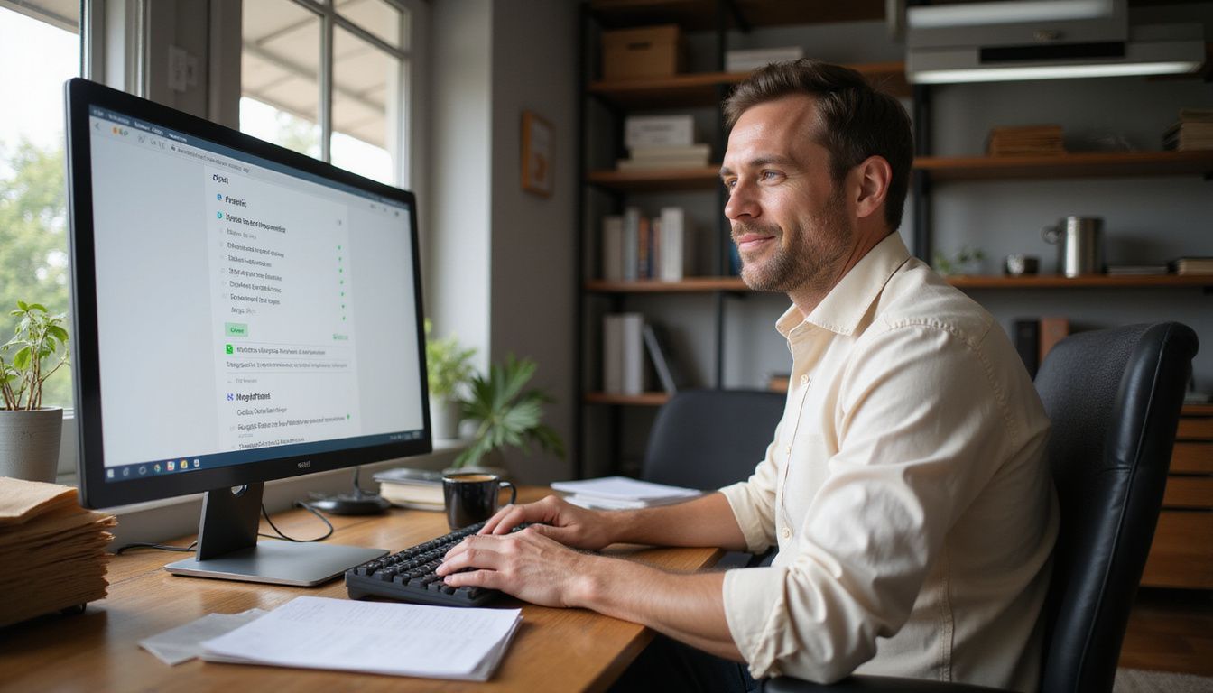 A relaxed man enjoys a productive moment at his home office.