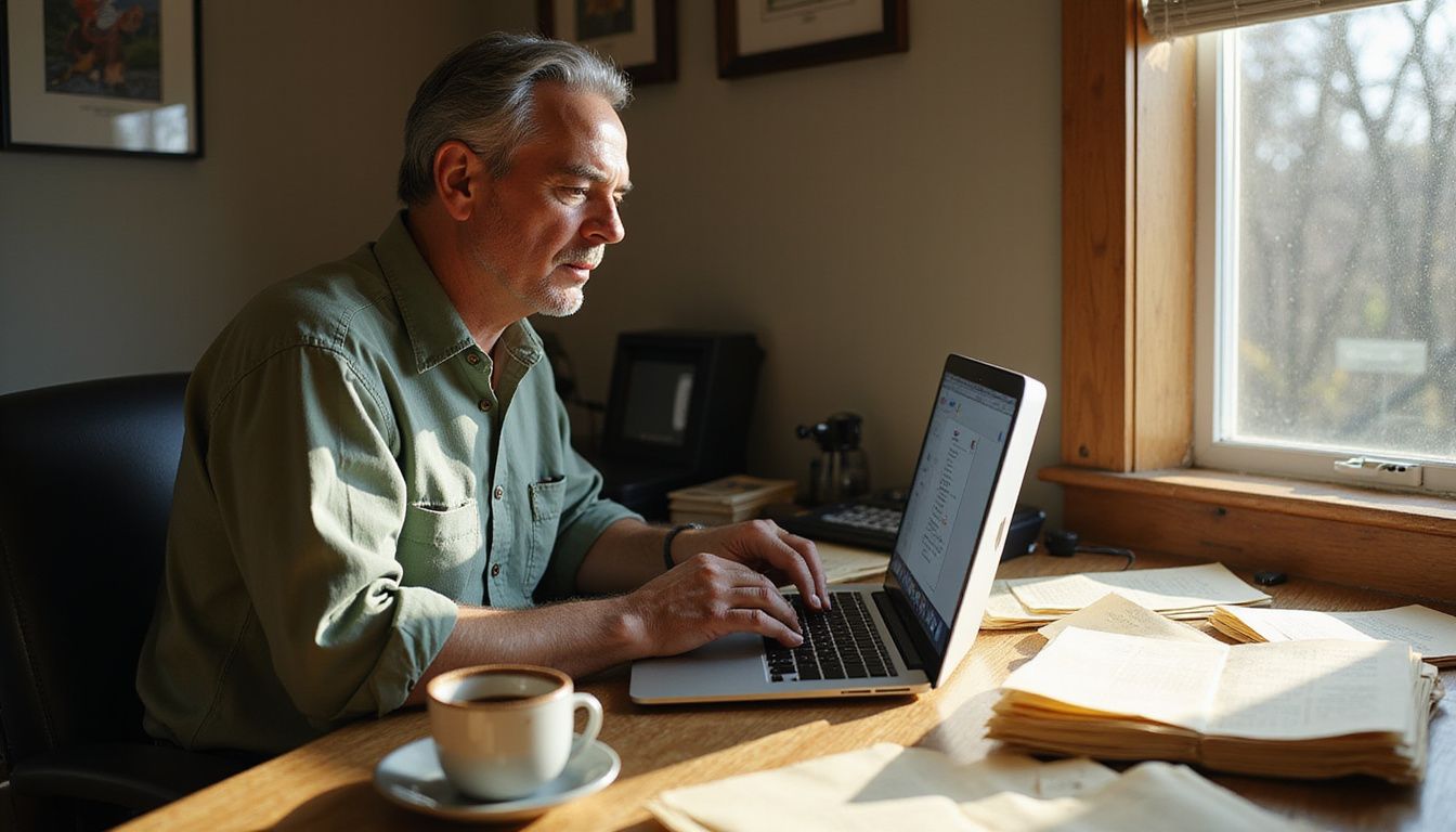 A middle-aged man works intently at his cluttered oak desk.