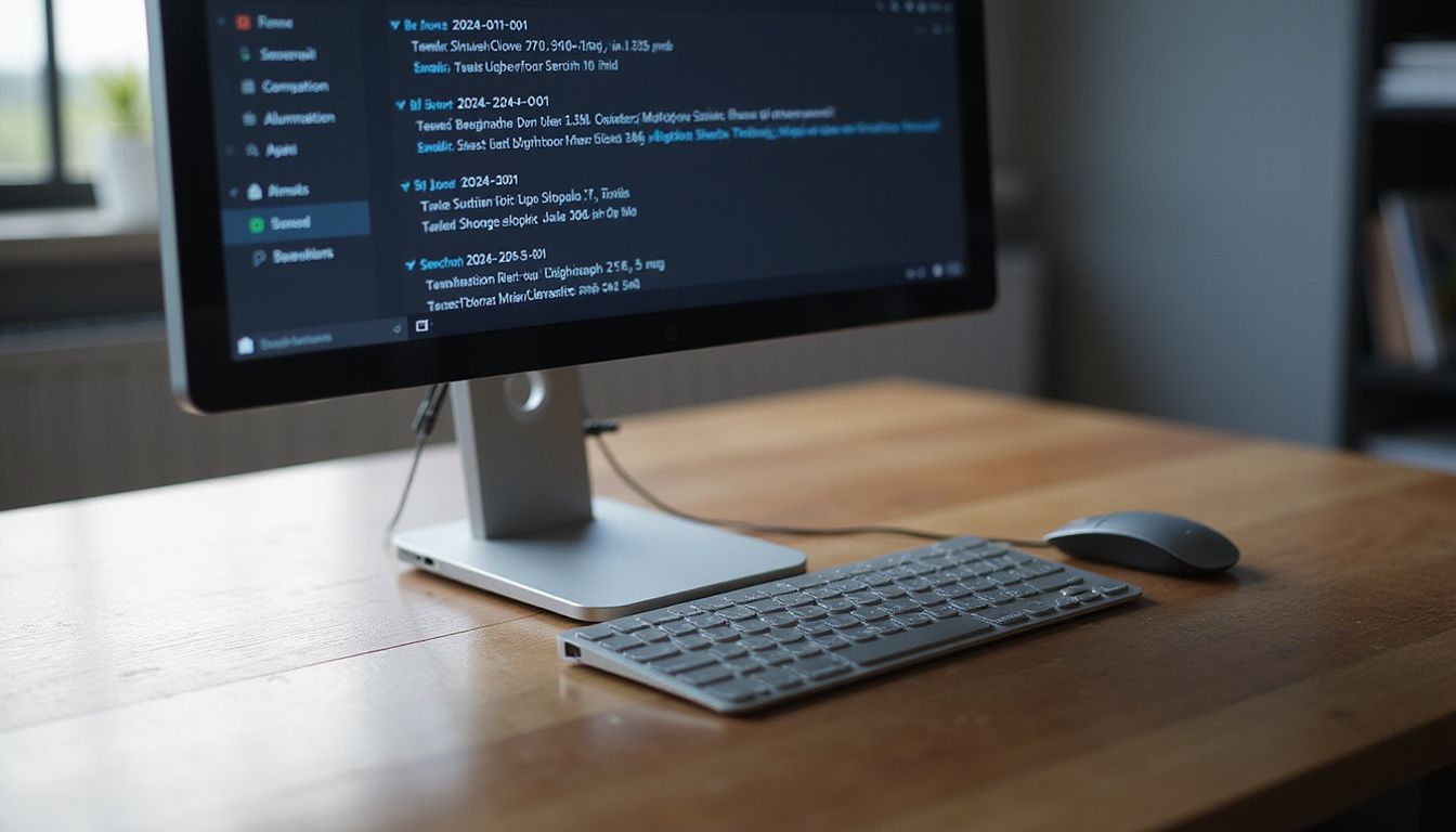 A workspace featuring a curved monitor displaying an email client interface.