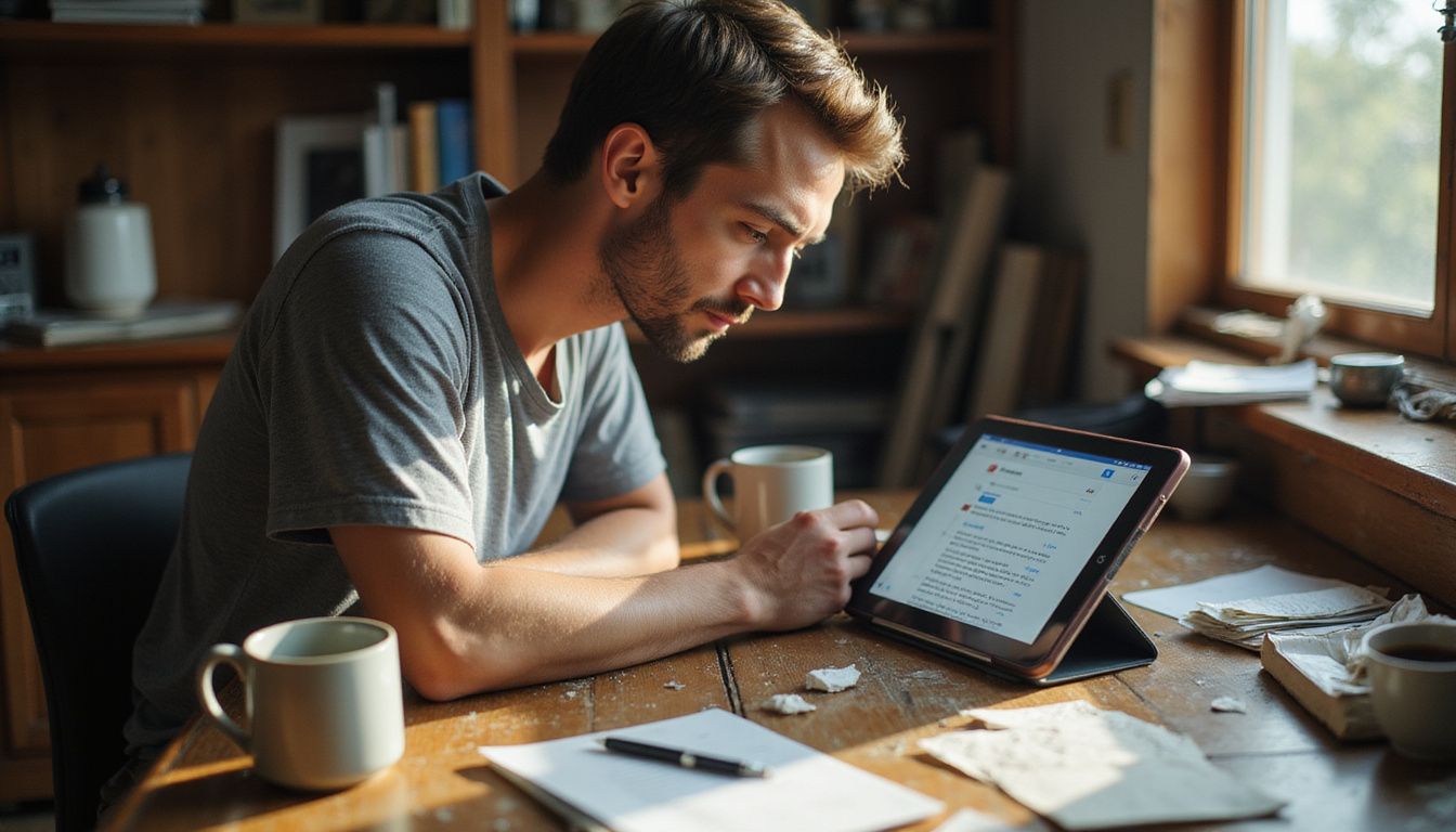 A focused individual manages emails at a cluttered home office desk.