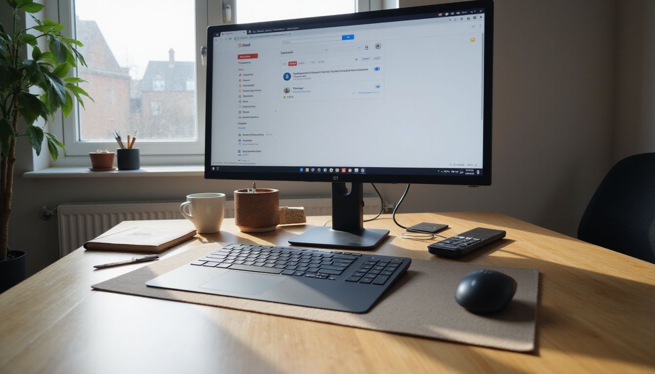 A candid contemporary office workspace with essential items and a monitor.