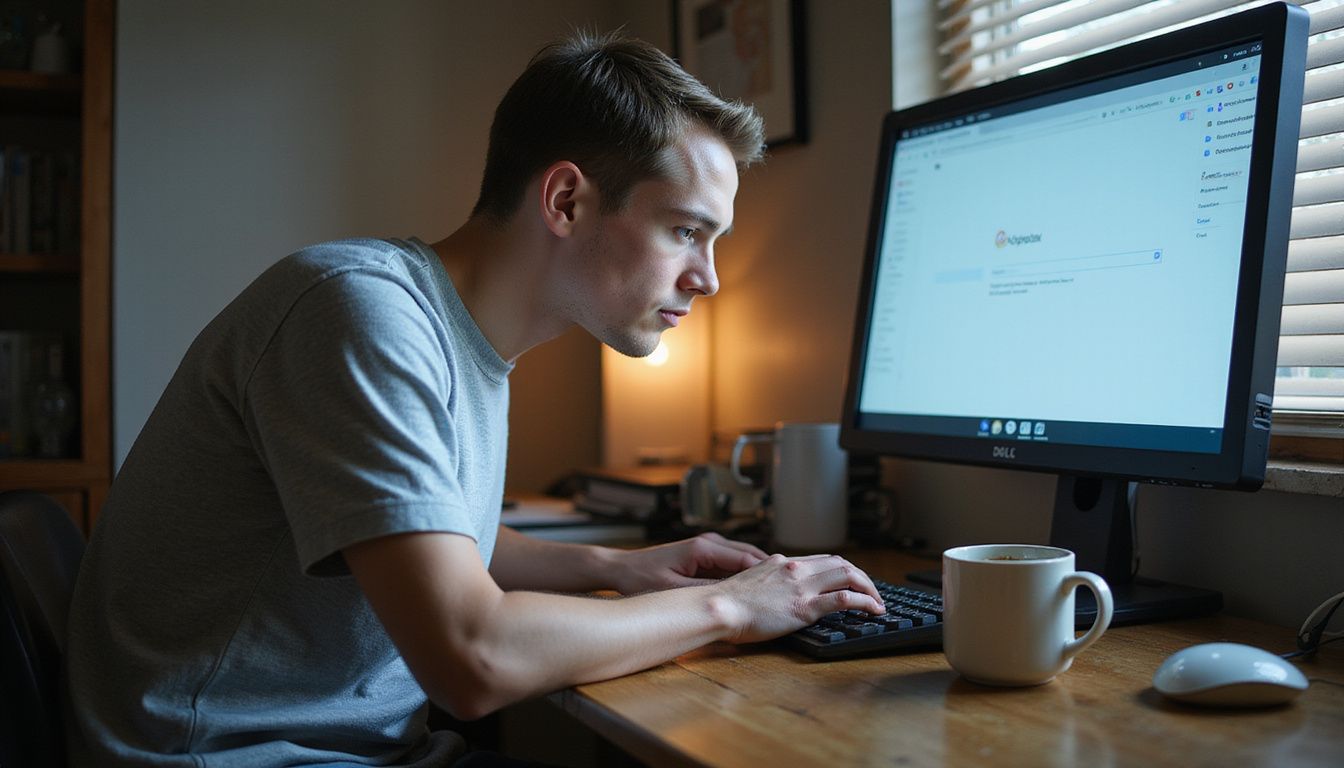 A focused individual works at a desk with a computer.