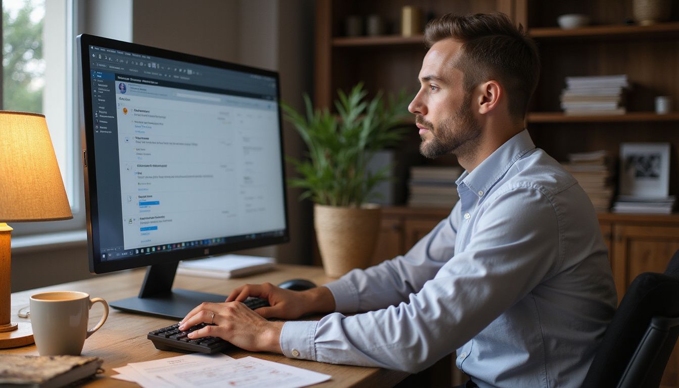 A focused professional man works at his home office desk.