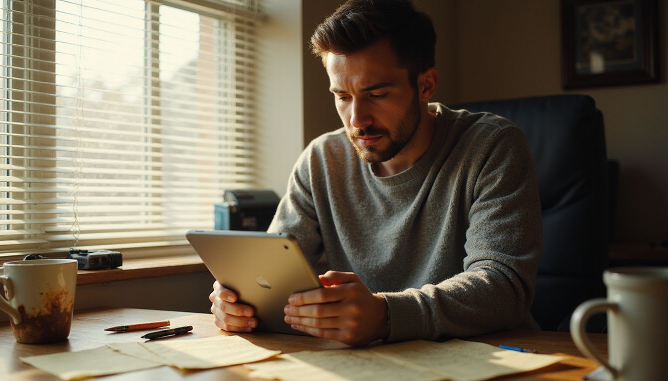 A focused man tidies emails at a cluttered wooden desk.