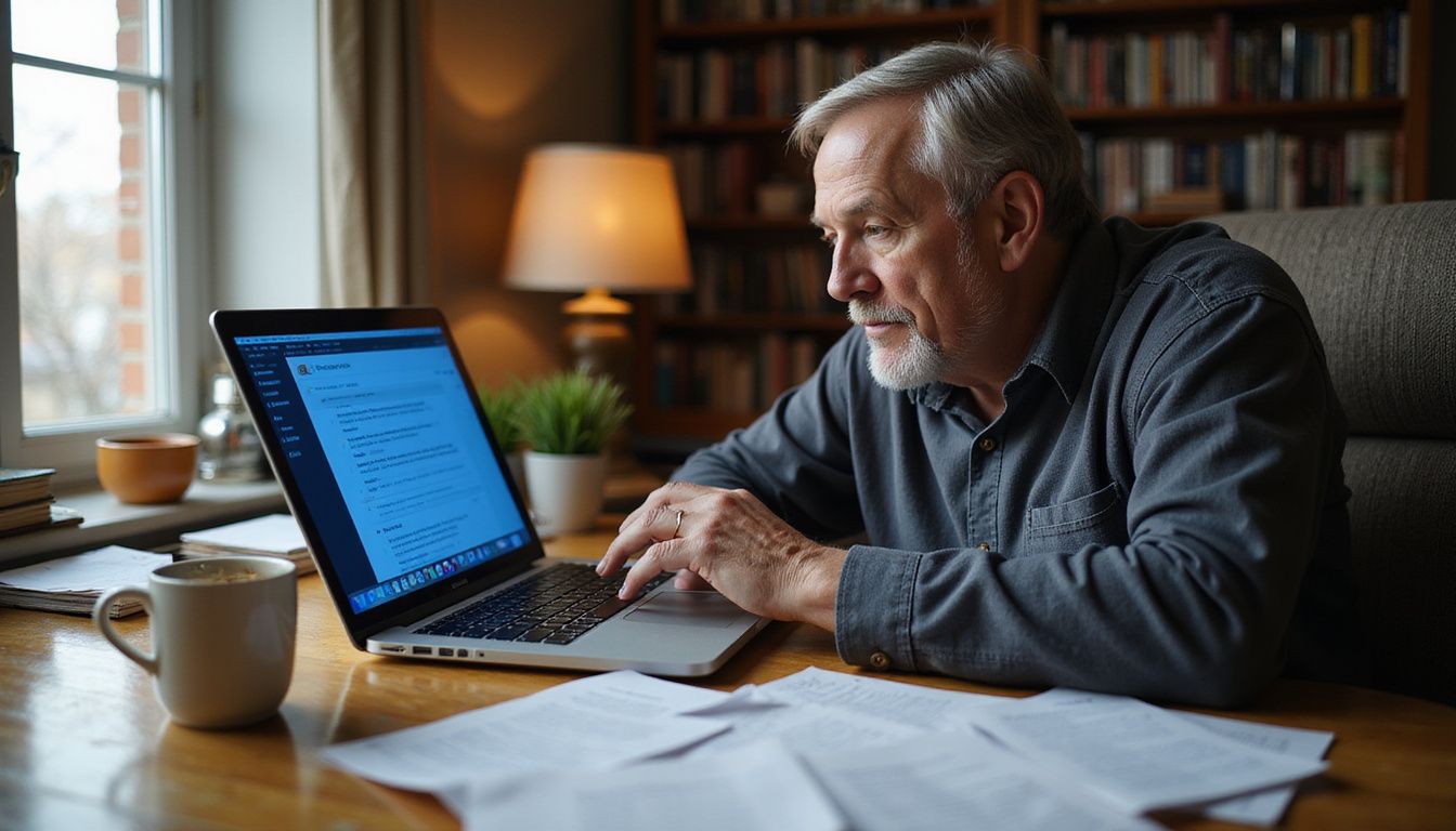 A focused middle-aged person works at a cluttered home office desk.