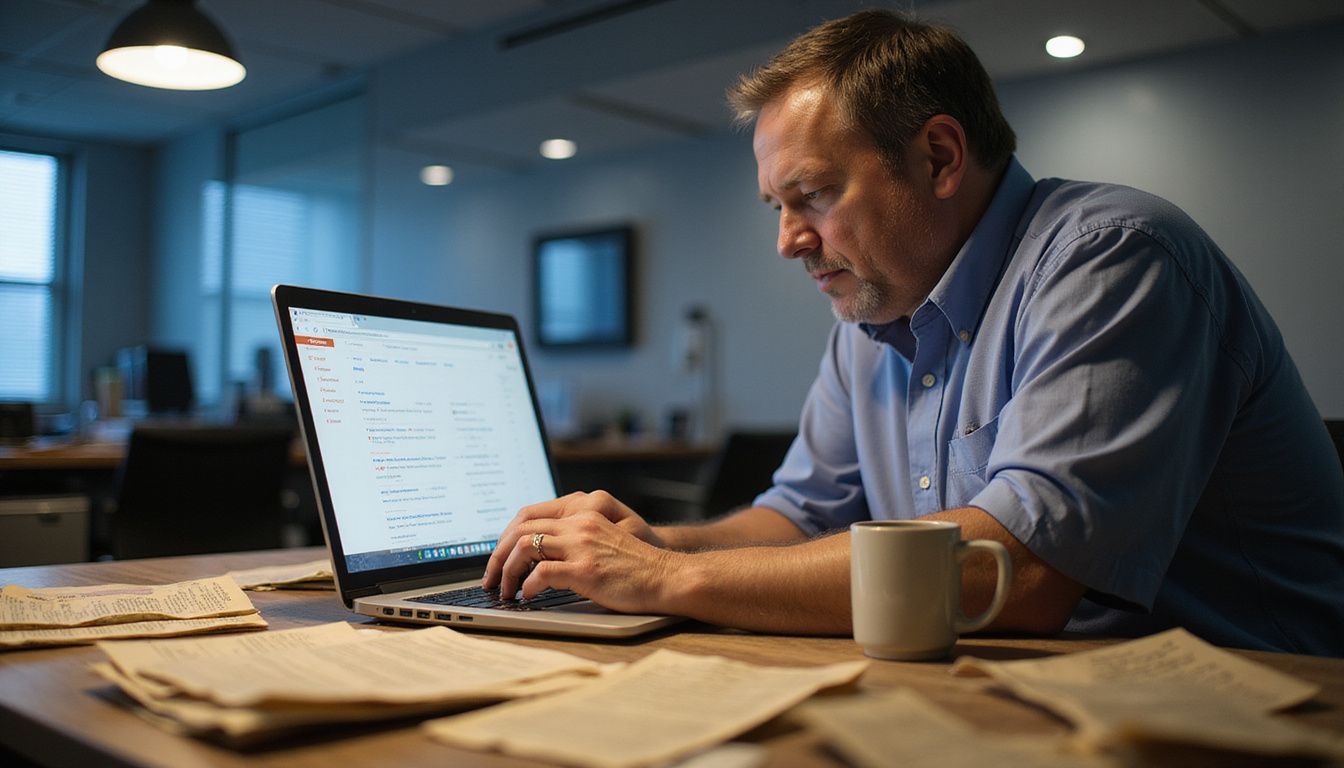 A focused professional manages email subscriptions at a cluttered desk.