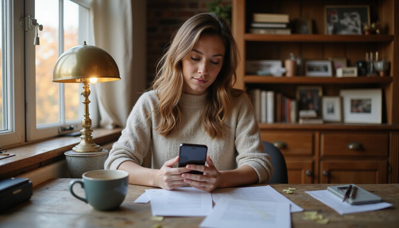A woman at a desk interacts with her iPhone in a home office.