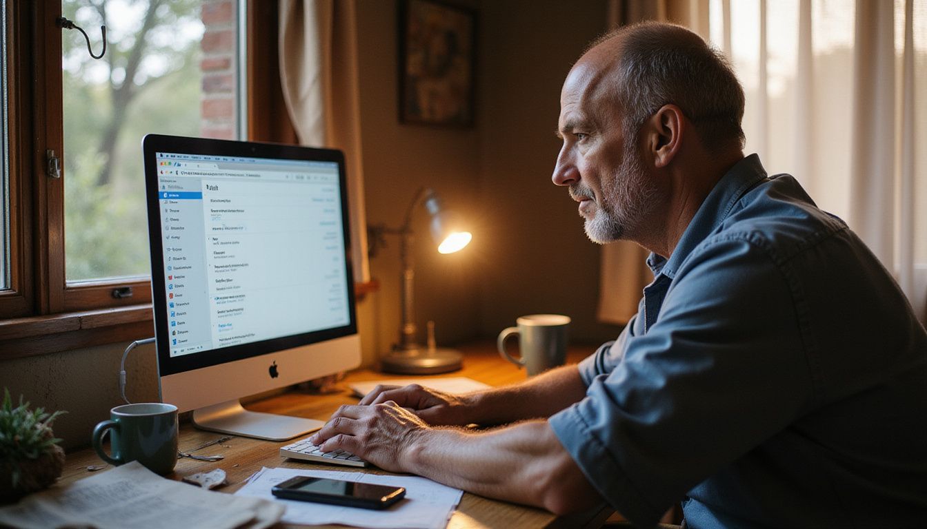 A middle-aged man focused on work at a cluttered desk.