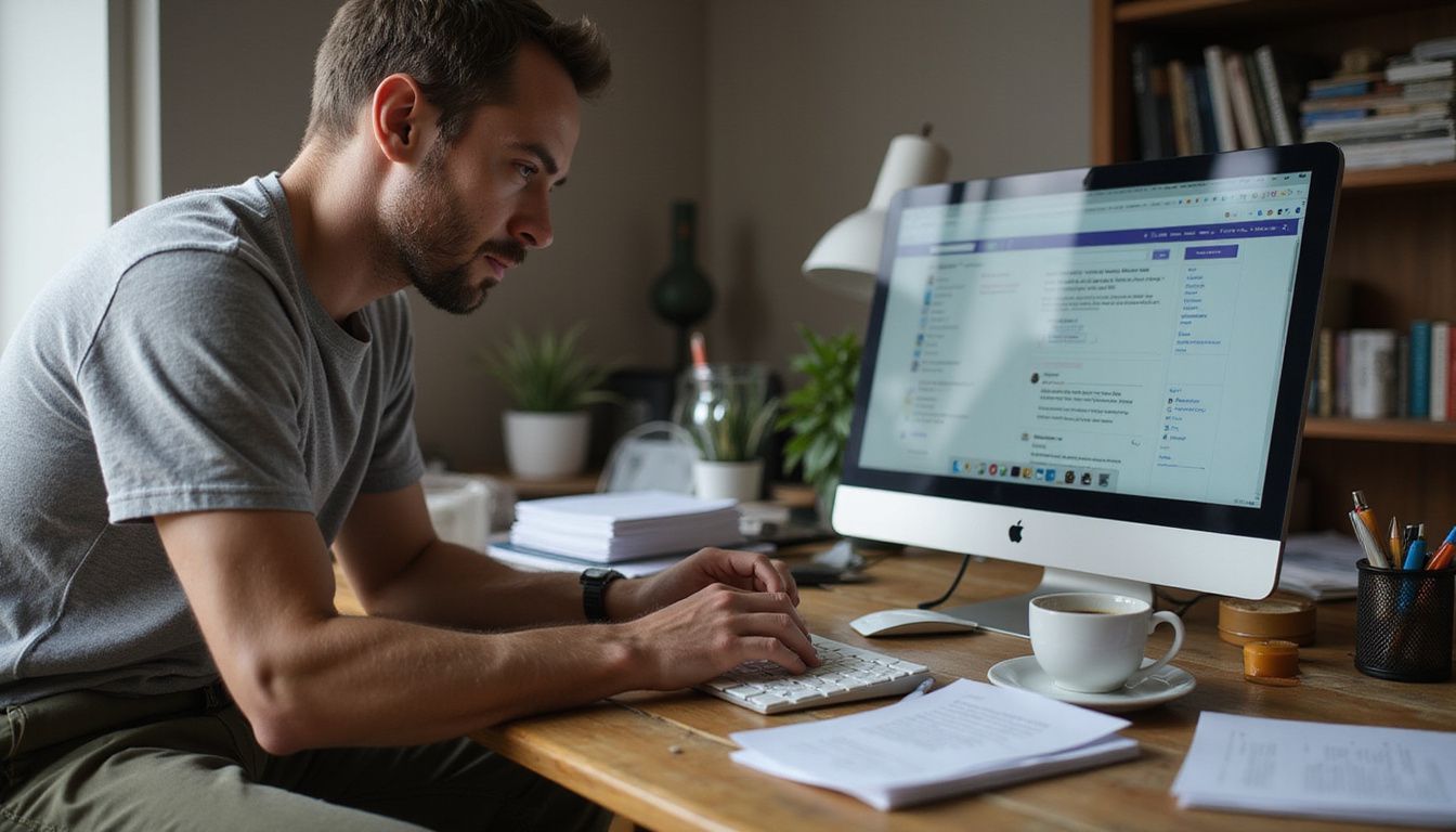 A focused man works diligently at a cluttered home office desk.