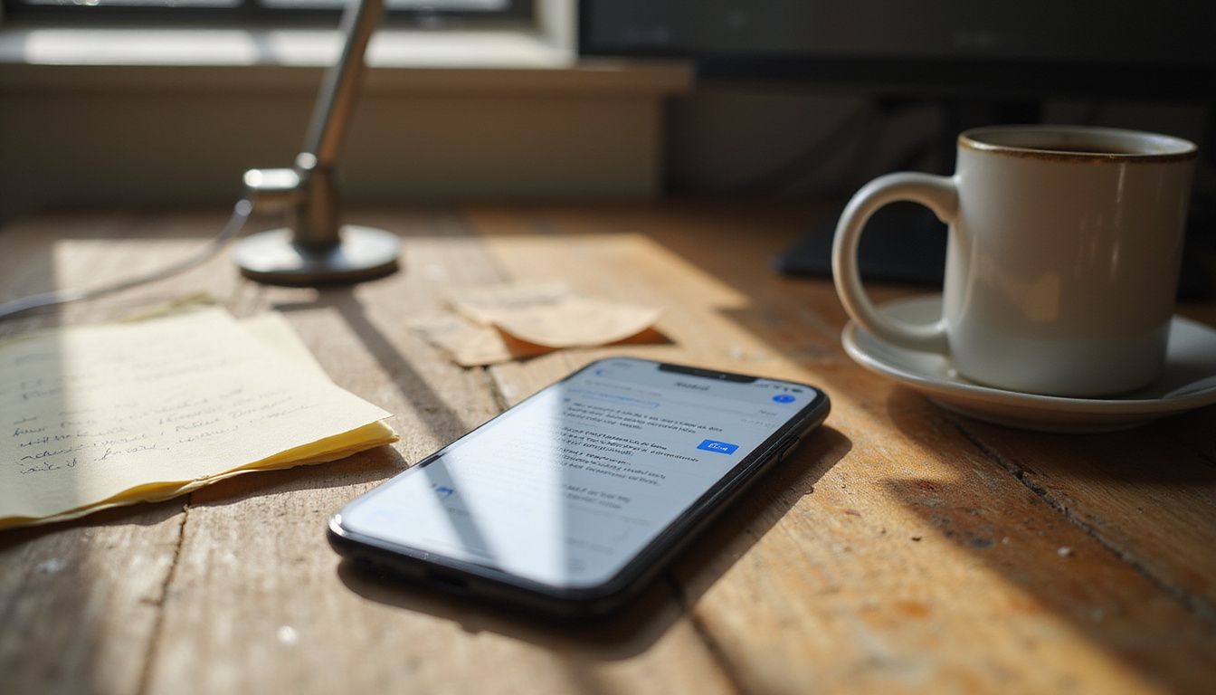 A smartphone on a desk displays Gmail with handwritten notes nearby.