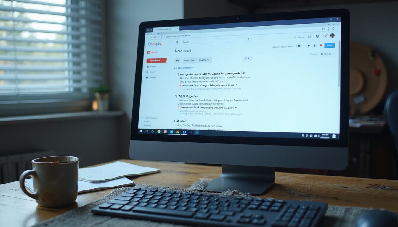A cluttered desk with a computer displaying a Gmail inbox.