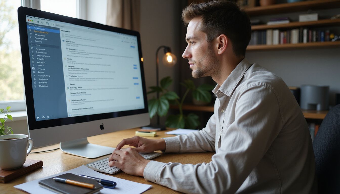 A young person focuses on a cluttered home office desk.