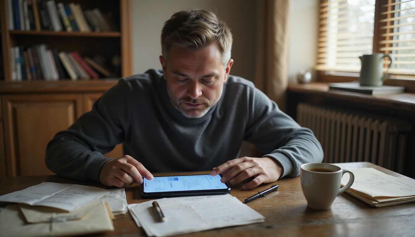 A focused man reviews deleted emails on his iPhone at a desk.