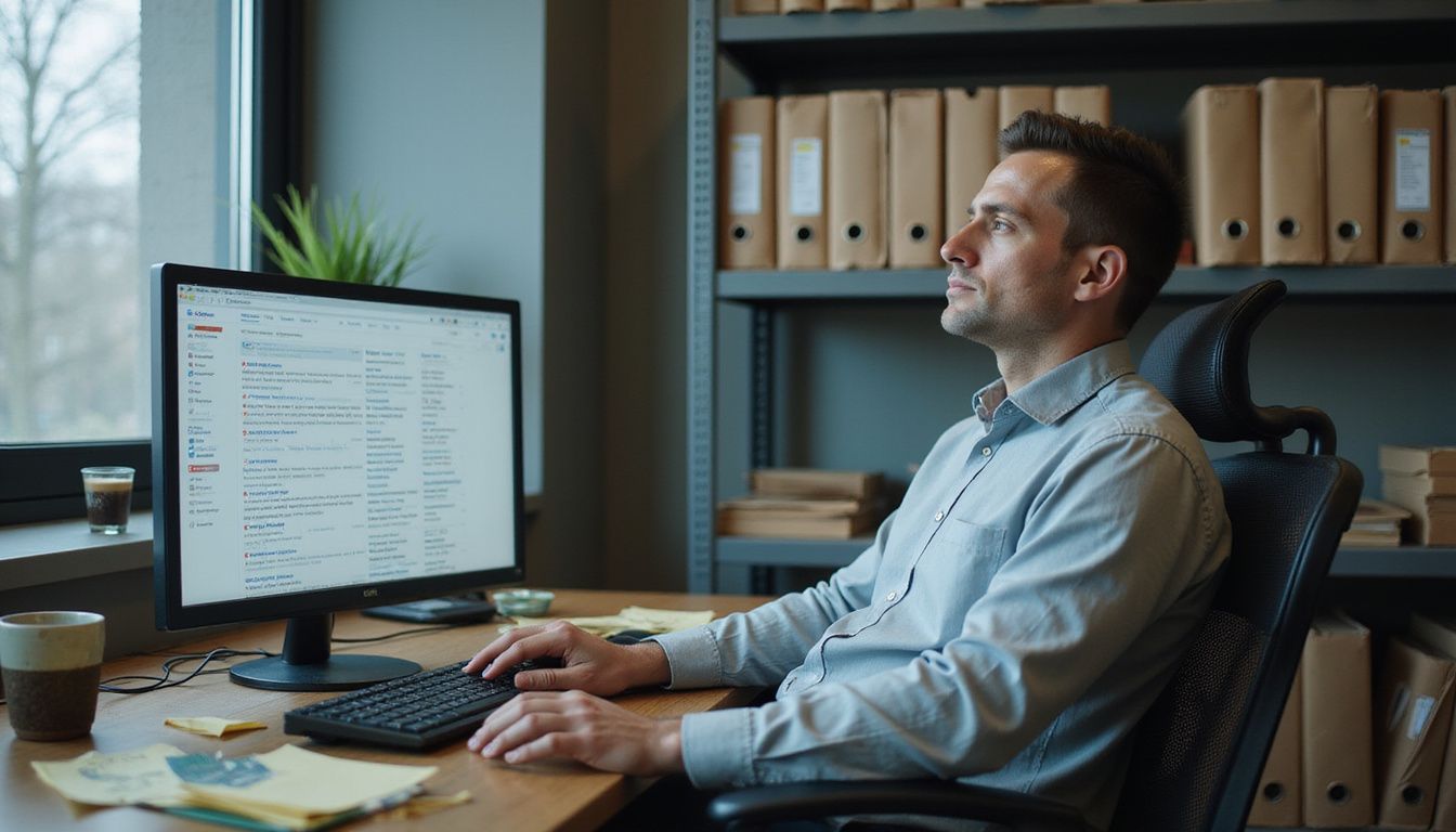 A professional appears relieved at their cluttered office desk.