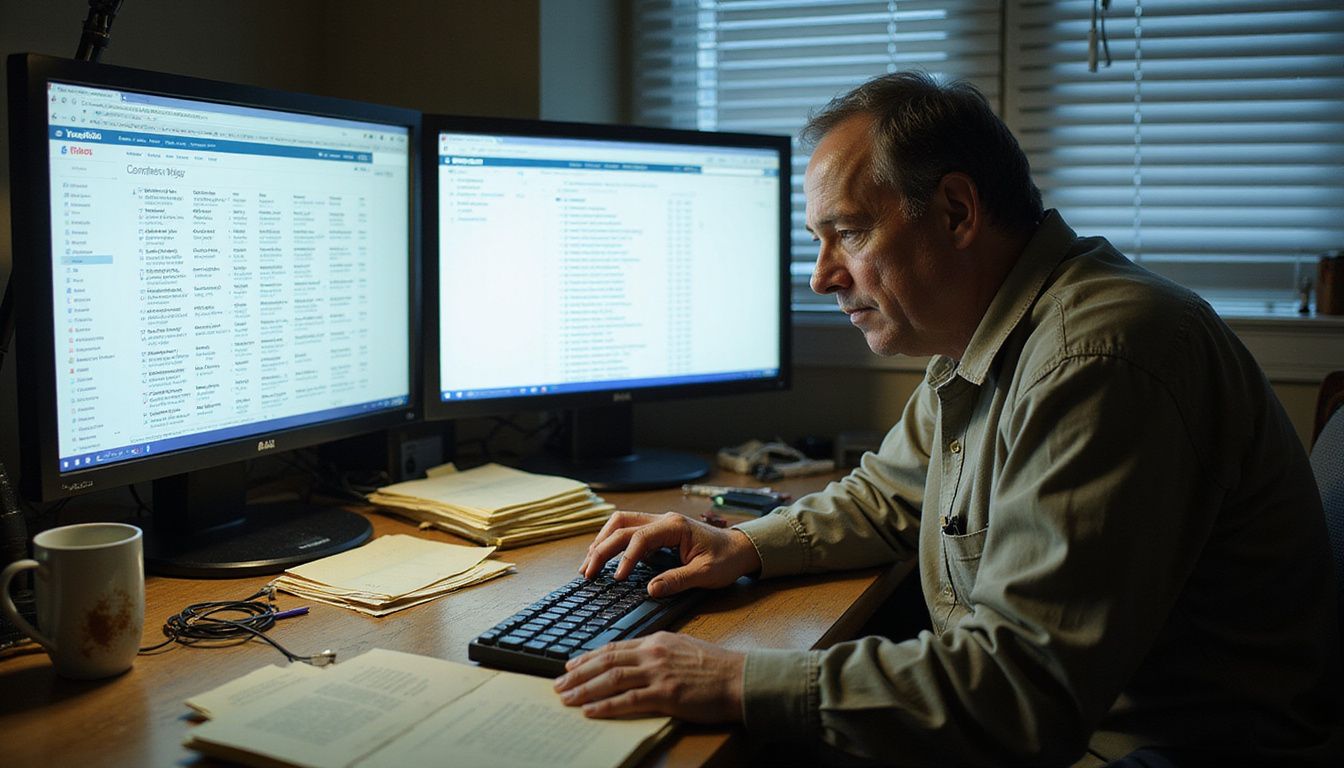 A weary man manages a cluttered inbox in a cramped office.