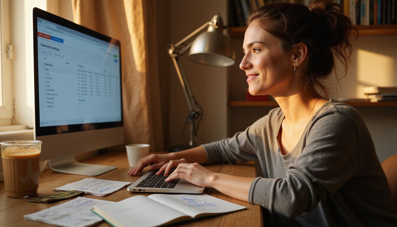 A woman smiles contentedly while managing her finances at a wooden desk.