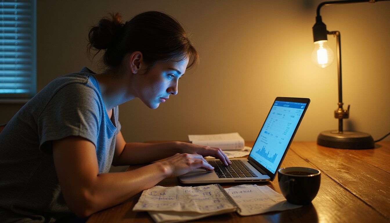 A woman analyzes subscription data at her cluttered home office desk.