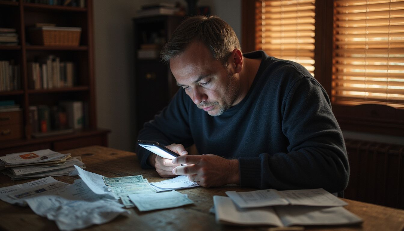 A concerned person reviews subscription management on their smartphone at home.