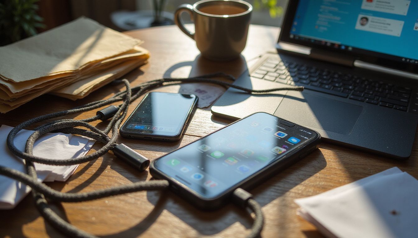 A cluttered desk filled with devices and scattered papers reflects digital fatigue.