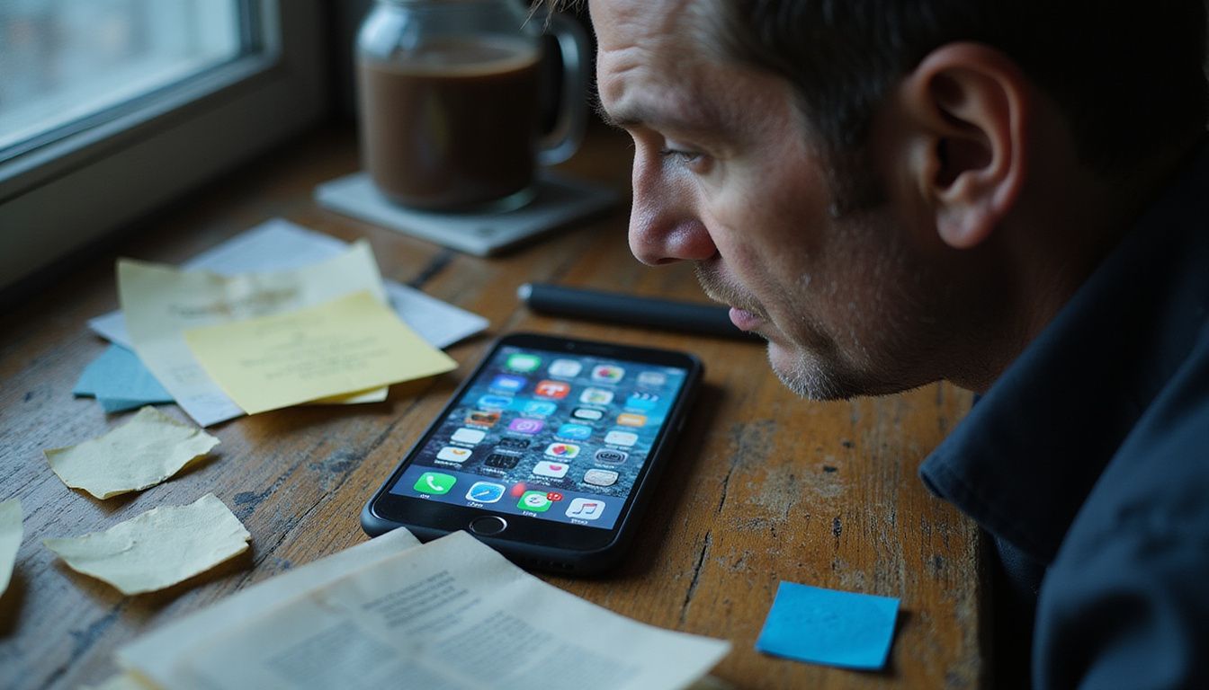 A stressed man examines his cluttered smartphone home screen filled with notifications.