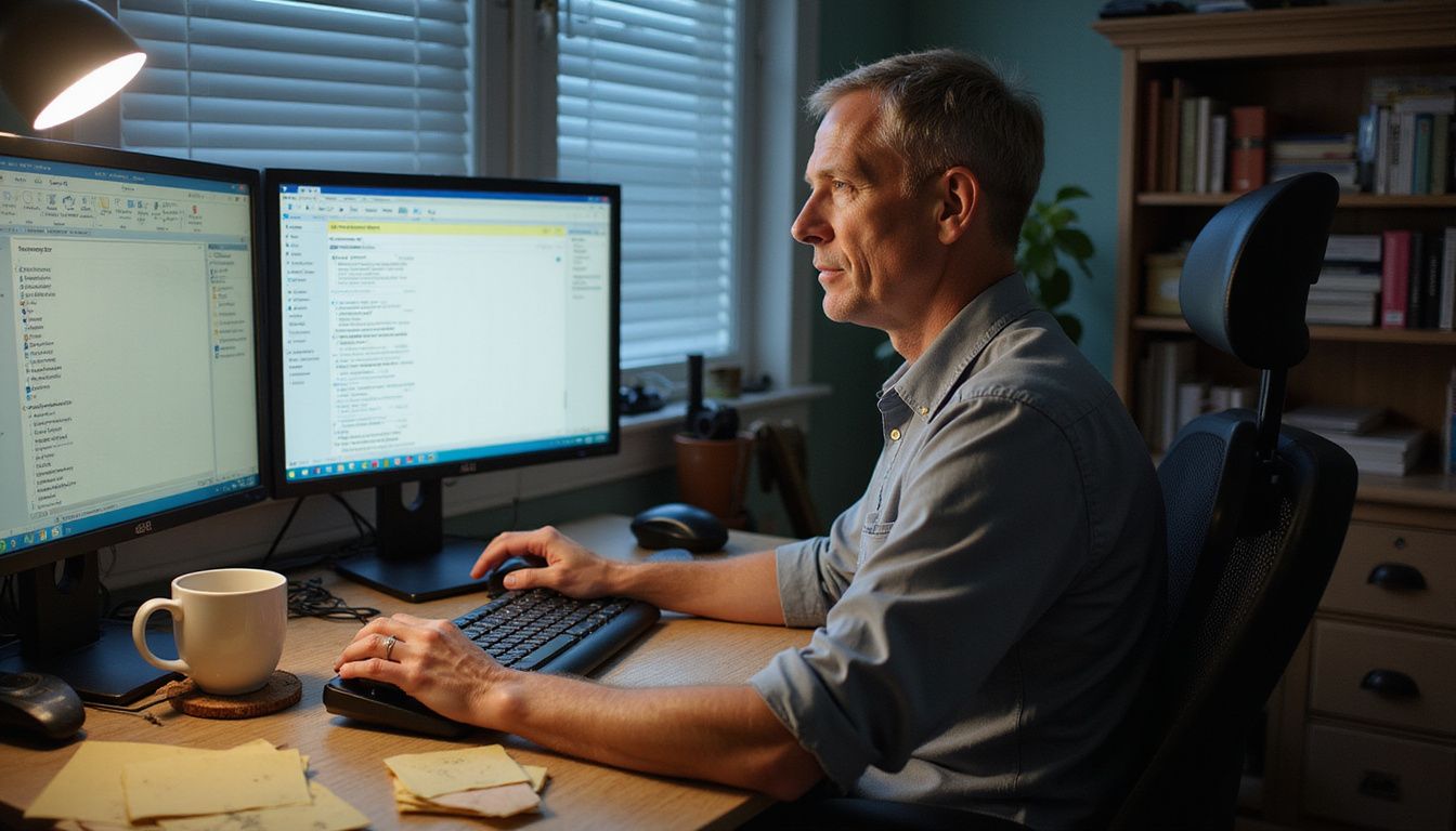 A professional sits in a cluttered home office, focused on work.