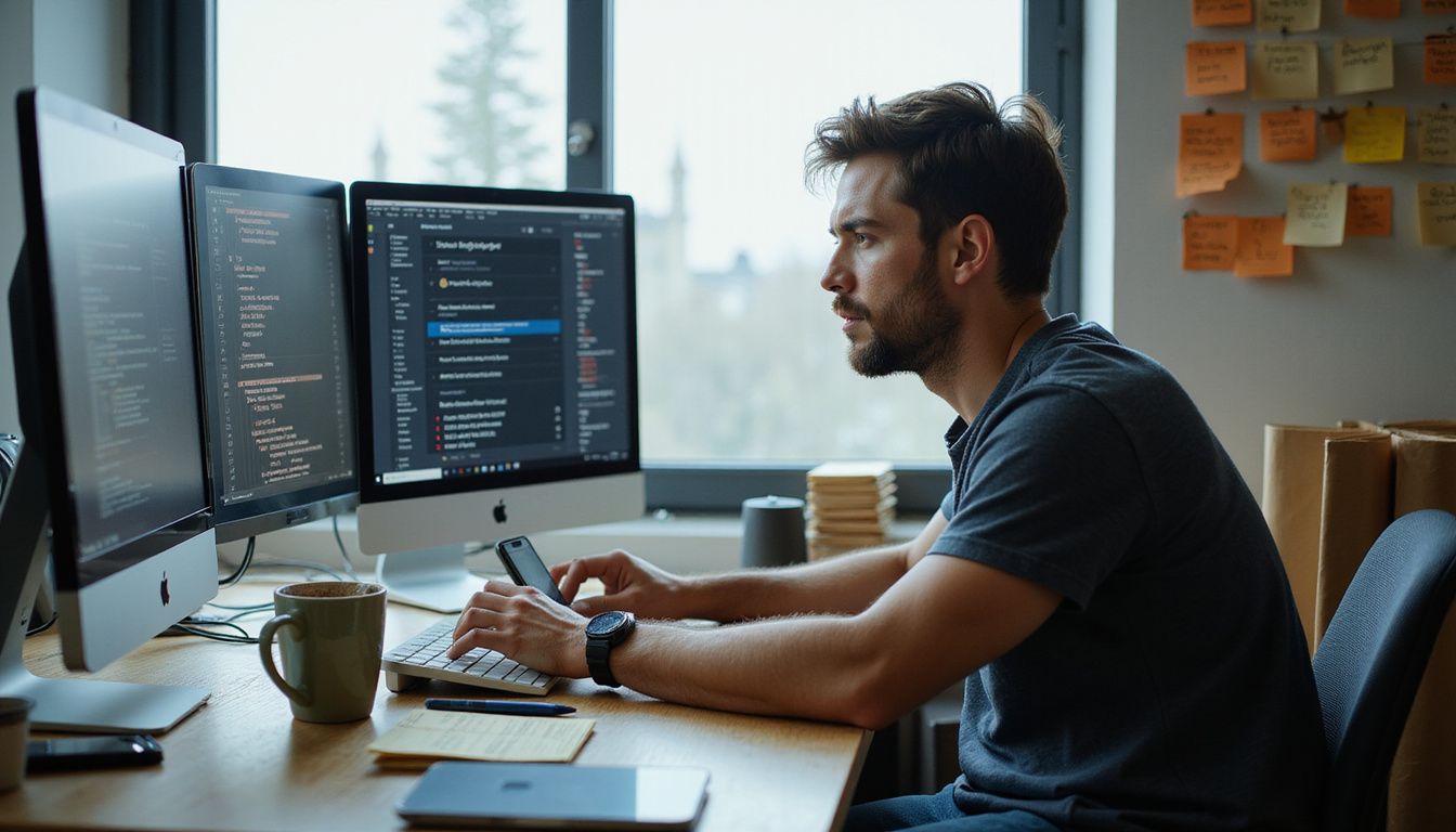 A focused man works diligently at a cluttered contemporary desk.