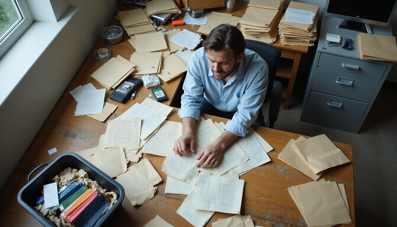 A cluttered desk with disorganized papers and a weary man.
