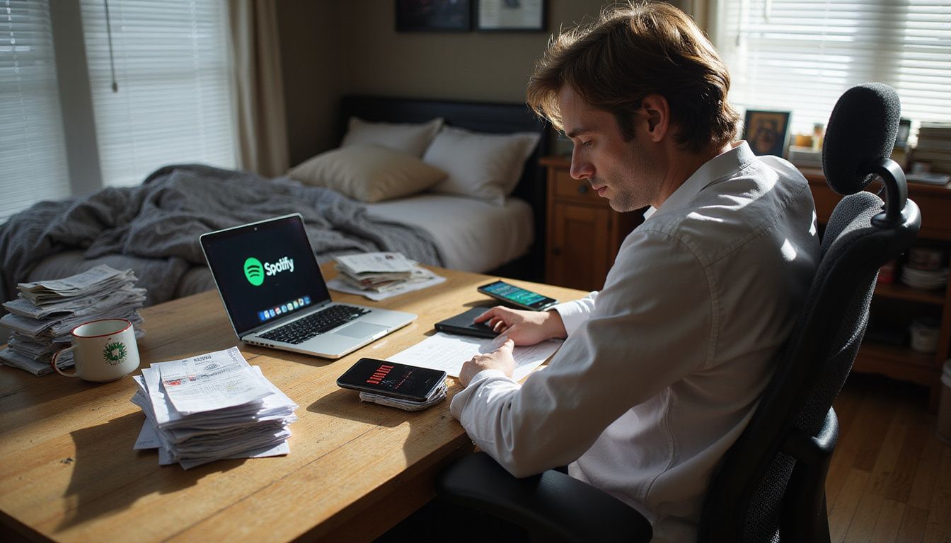 A tired person relaxes at a cluttered home office desk.