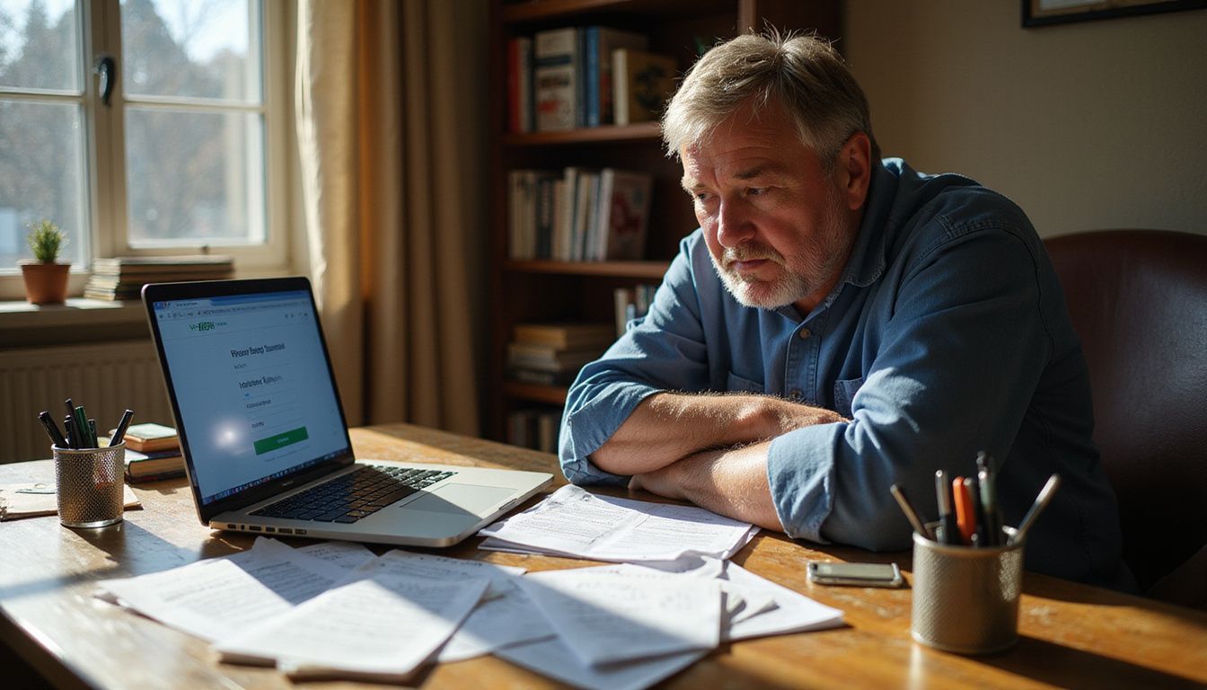 Middle-aged person reviews financial documents at a cluttered desk.
