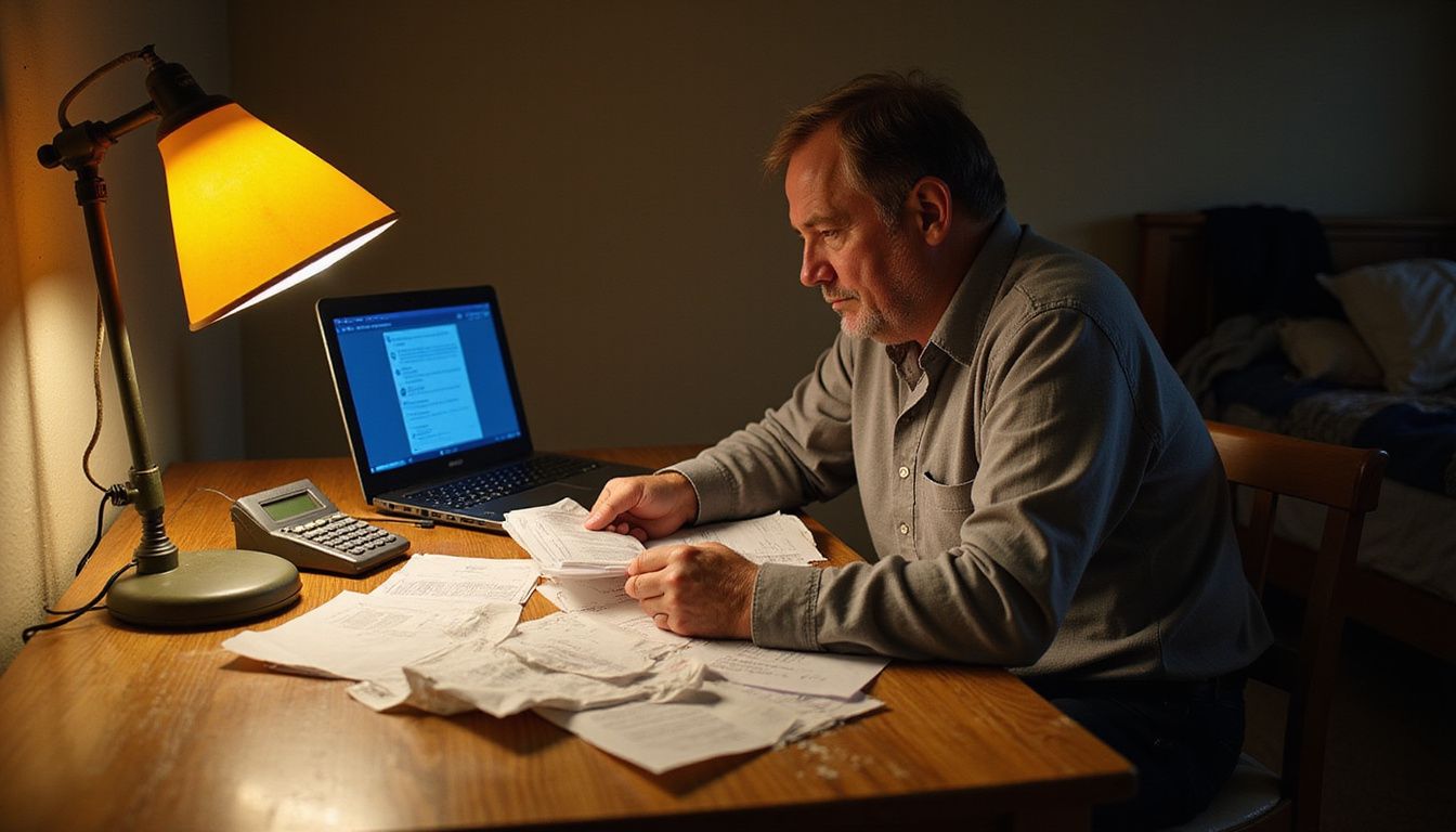 A concerned person examines financial documents at a worn wooden desk.
