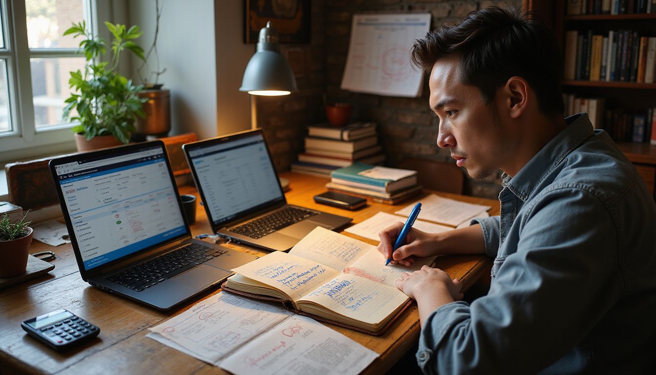 A stressed individual analyzes subscription options at a cluttered desk.