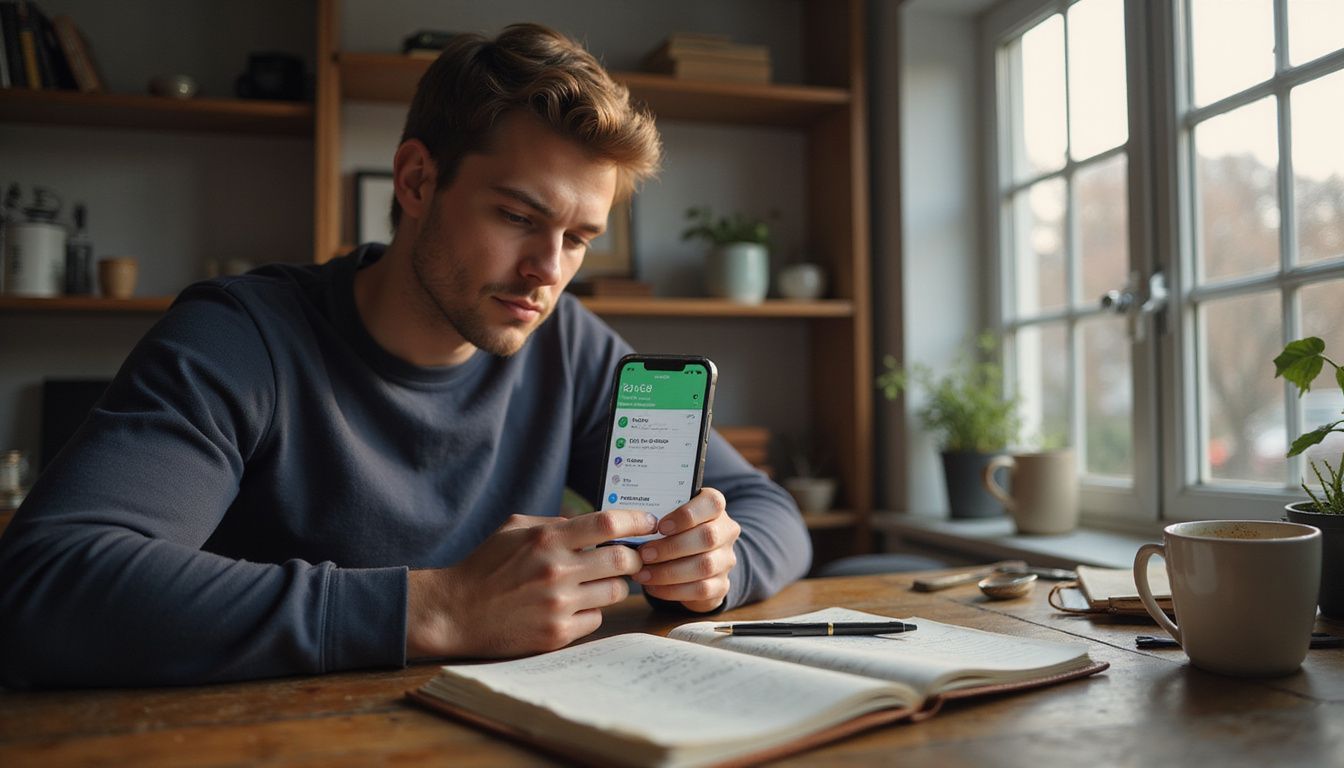 A young person reviews subscription charges on their iPhone in a home office.