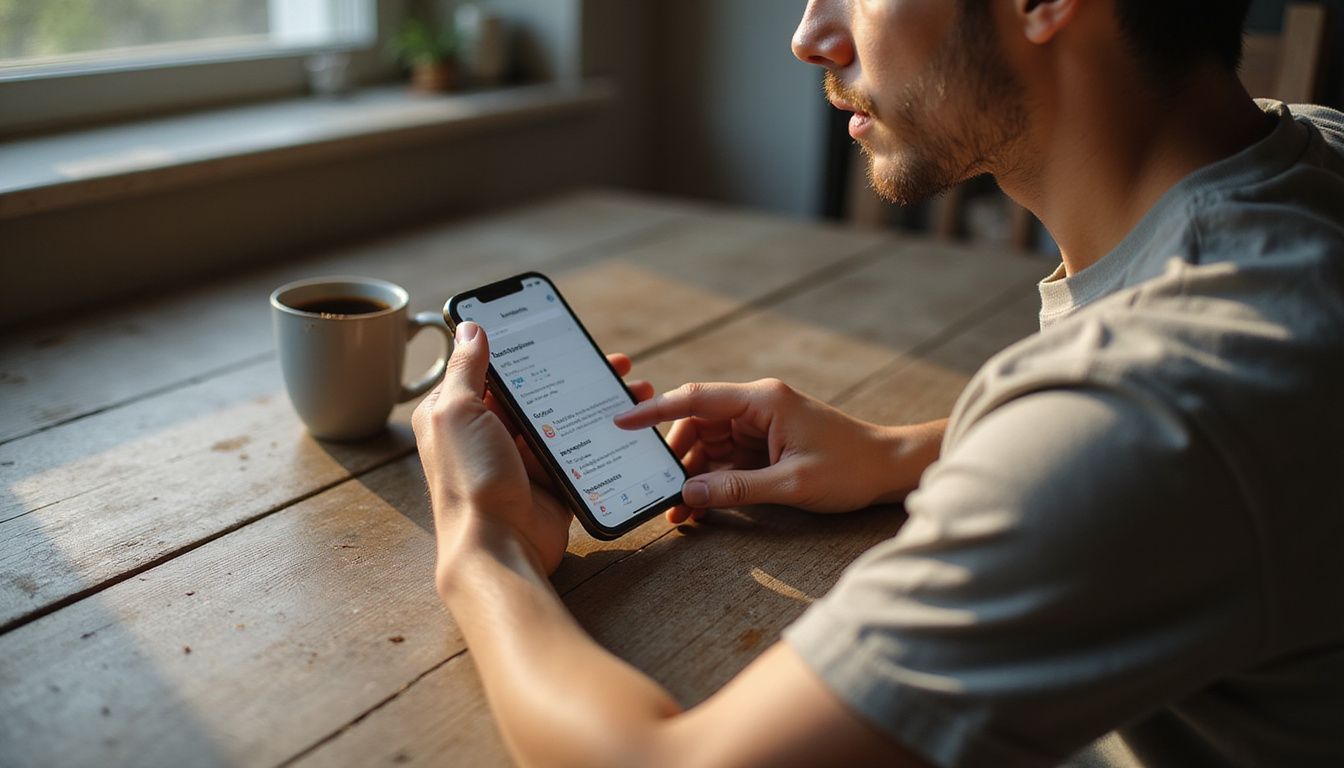 A young adult focuses on their iPhone at a rustic kitchen table.