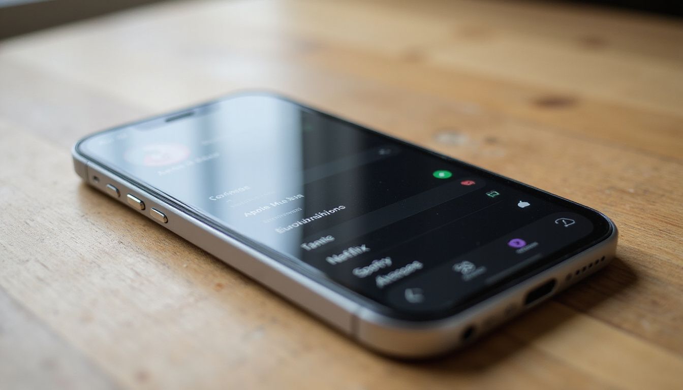 Macro shot of iPhone 15 Pro display showing Settings app subscriptions.