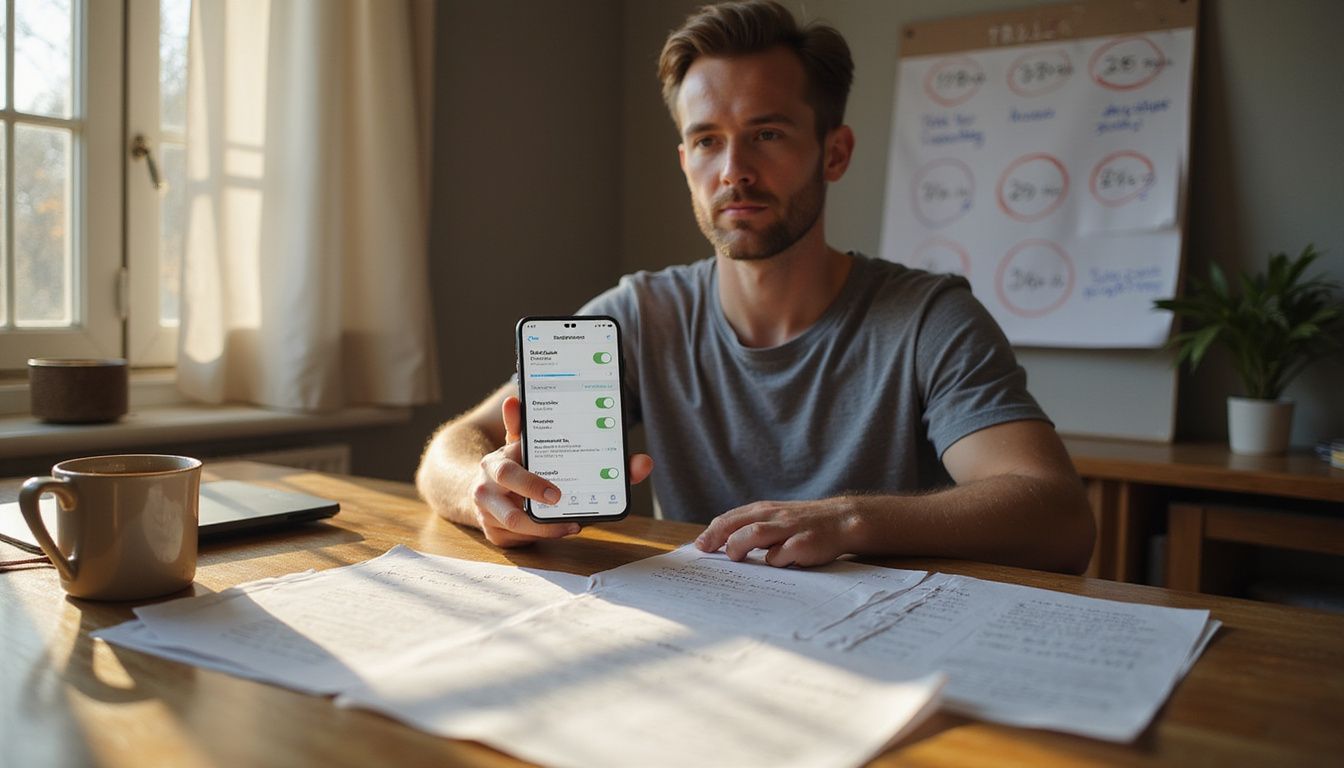 A focused individual managing app subscriptions at a wooden desk.