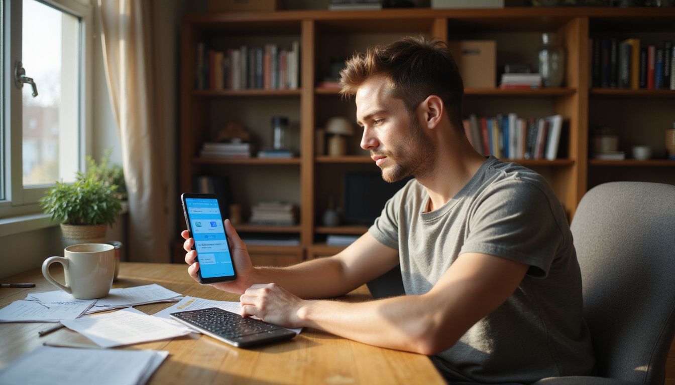A focused individual examines their smartphone at a home office desk.
