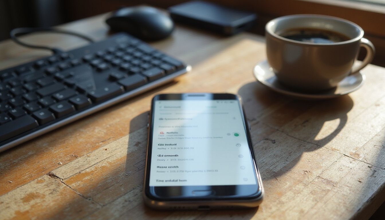 A smartphone displays active subscription charges on a wooden desk.