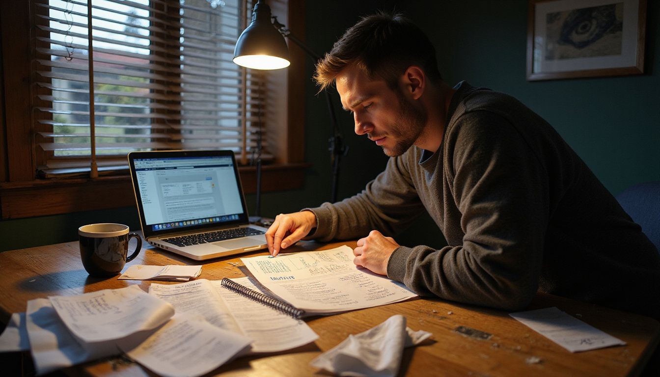 A tired man manages personal finances at a cluttered desk.