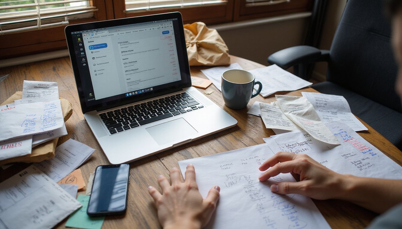 Cluttered desk with bills, receipts, and a laptop displaying subscriptions.