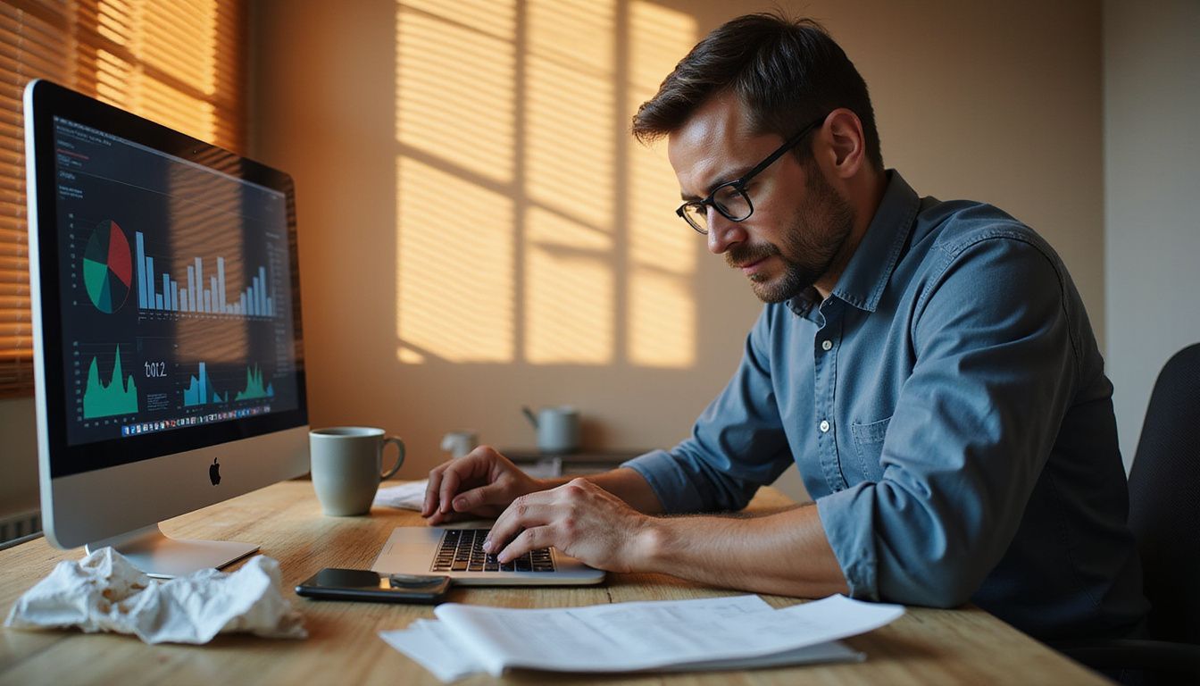 A man analyzes financial data at a minimalist desk, showing concentration.