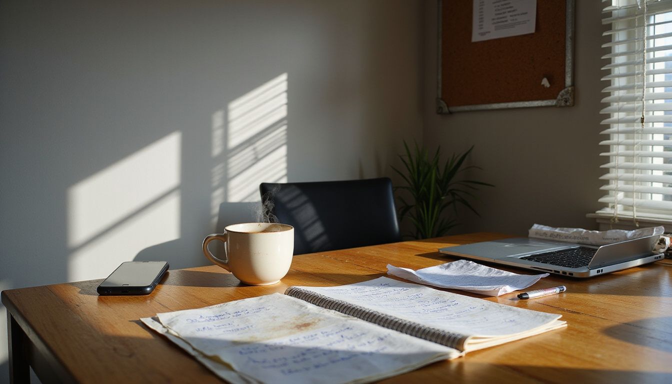 A person sits at a cluttered desk in a modest home office.
