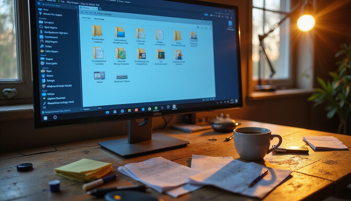 A cluttered desk displays a Dell monitor with organized digital files.