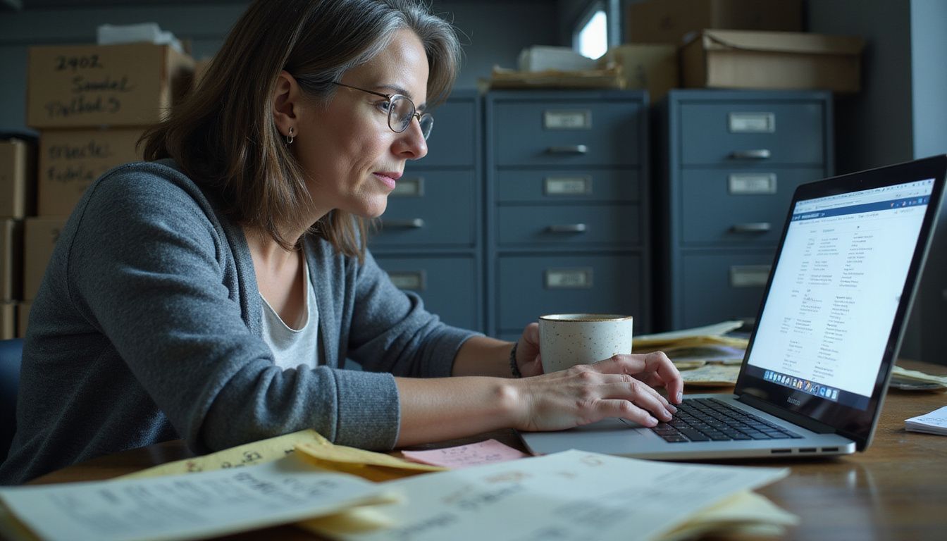 A focused woman works amid a cluttered, worn office space.