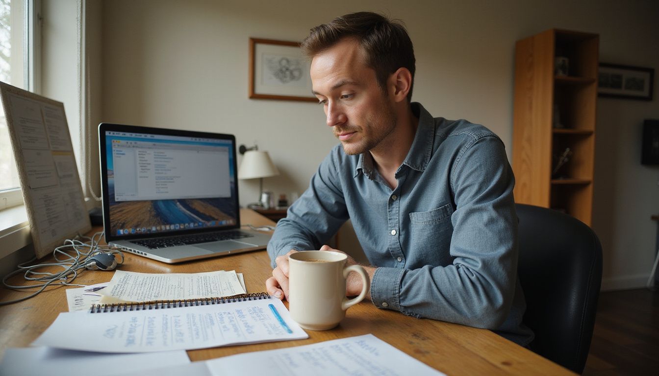 A focused man works in a cluttered, lived-in home office.