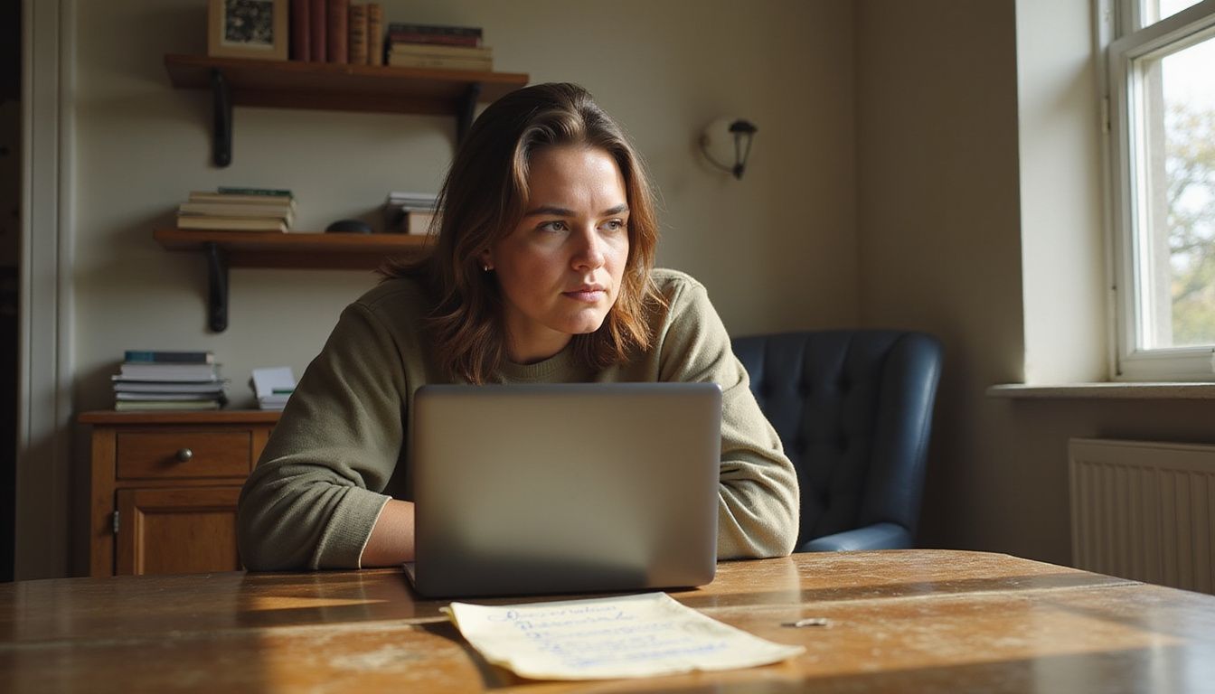 A person in deep concentration works at a walnut desk.