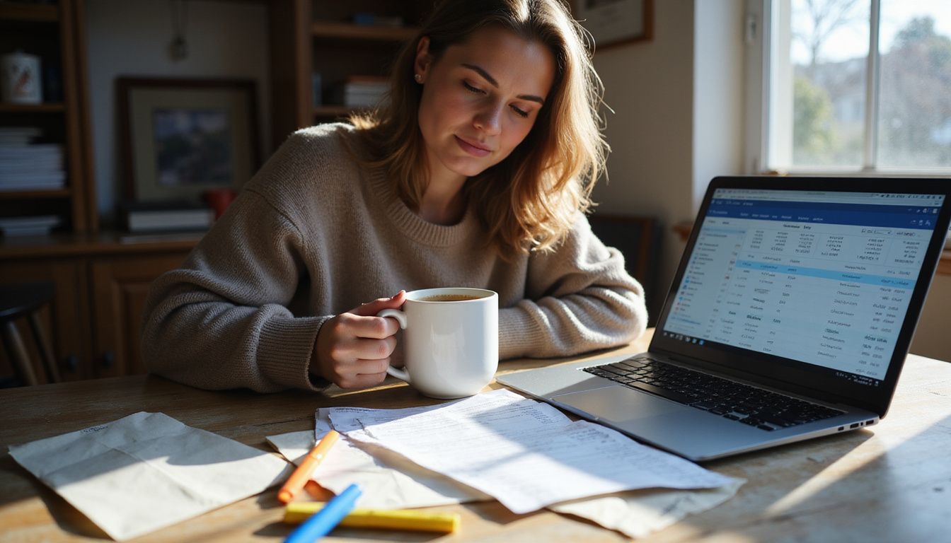 A woman reviews financial documents at a cluttered home office desk.